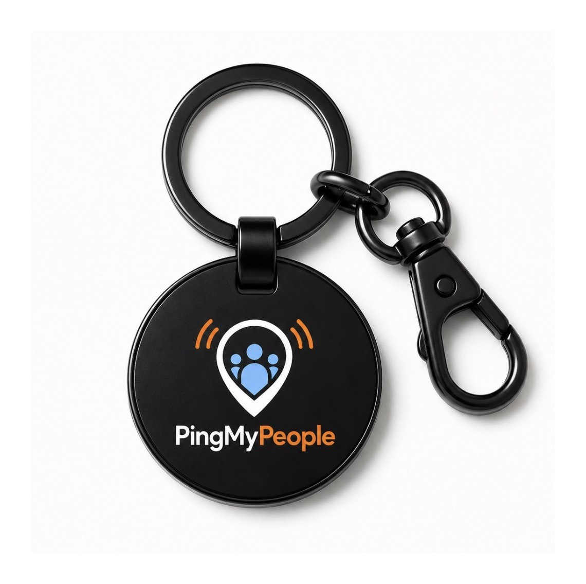 PingMyPeople branded keychain — black metal round tag with logo and carabiner clip