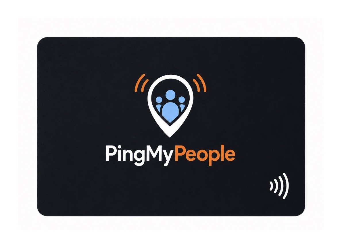 PingMyPeople NFC wallet card — dark navy card with logo and contactless symbol